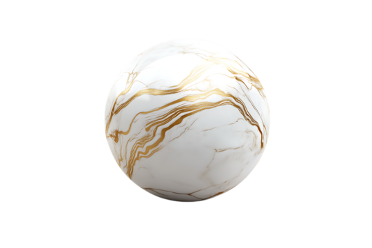 abstract marble sphere with white and gold swirling patterns on a transparent background