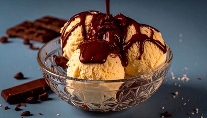 ice cream balls in a bowl drizzled with chocolate
