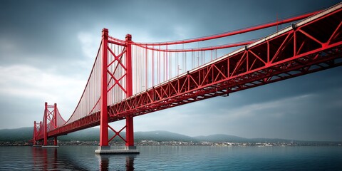 Obraz premium Red Suspension Bridge over Water, Dramatic Sky, Cityscape Background, for Travel/Engineering Stock Photo