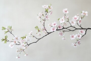 Obraz premium Delicate blossoms gracefully arranged on a branch against a light background.