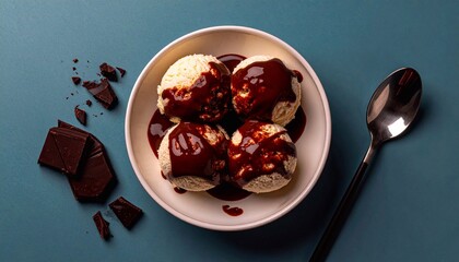 ice cream balls in a bowl drizzled with chocolate