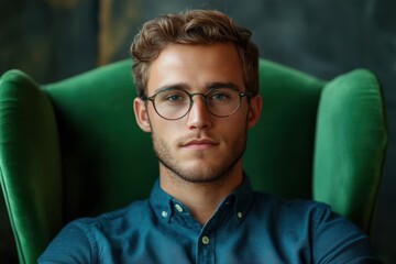 Obraz premium Handsome man with glasses sits in a green armchair, looks confident. Ideal for depicting intelligence, seriousness, or modern lifestyle concepts.