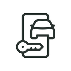 Car rental app line icon, mobile phone with key and car vector symbol with editable stroke