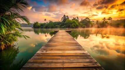 Fototapeta premium Tropical Lake at Sunrise with Wooden Pier