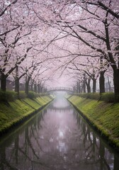 Idyllic cherry blossom canopy over serene canal, reflecting delicate pink hues in tranquil water, embracing spring's ethereal beauty