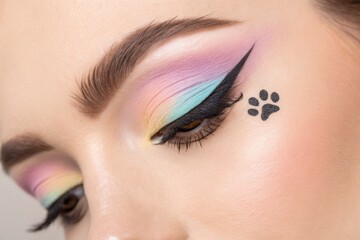 Winged eyeliner trend, Makeup Artistic Beauty Vibrant makeup featuring pastel colors and a playful paw print tattoo near the eye.