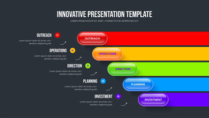 Financial Launch Five Step Infographic Slideshow Template. Enterprise Solution Slide Layout Vector Illustration. Marketing Innovation 5 Element Diagram Presentation Design.
