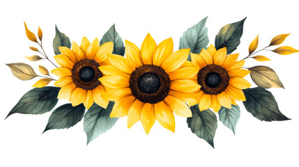 Fototapeta na wymiar Watercolor sunflowers and foliage arrangement, cut out transparent
