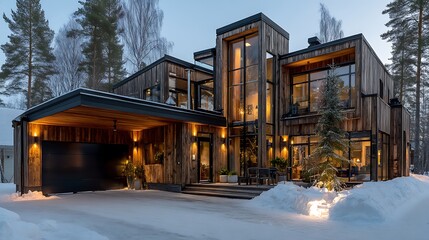 Obraz premium Modern Scandinavian home in snow at twilight hour