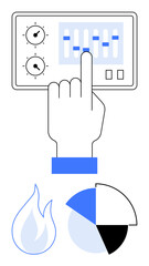 Hand interacting with sliders on a control panel, flame icon symbolizing energy, and pie chart depicting analytics. Ideal for energy management, data, monitoring, interface, teamwork, efficiency