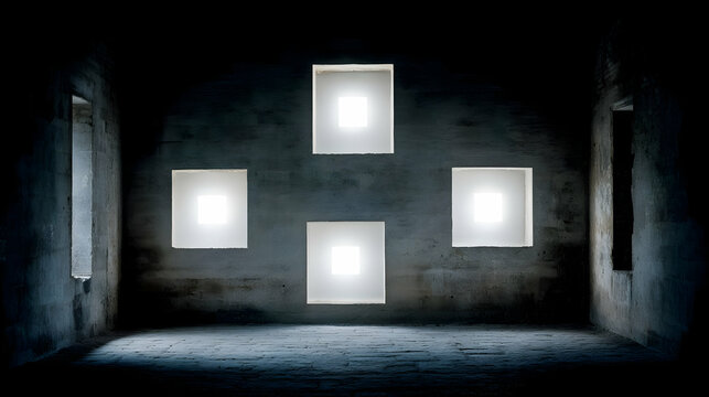 with floating screens displaying algorithmically generated art