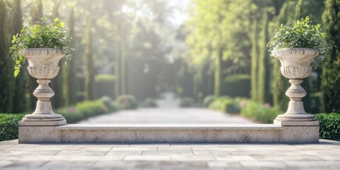 a garden with trees and plants in pots 