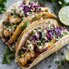 Three crispy fish tacos served with lime and fresh toppings on a wooden table