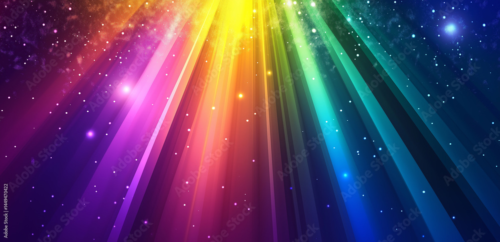 Poster colorful light beams shine down from above, forming dazzling rays and twinkling bokeh, creating a dr