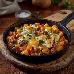 Sizzling breakfast skillet with eggs vegetables and cheese in an instagram ad setting