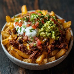 Bowl of carne asada fries with fresh ingredients served on a wooden table