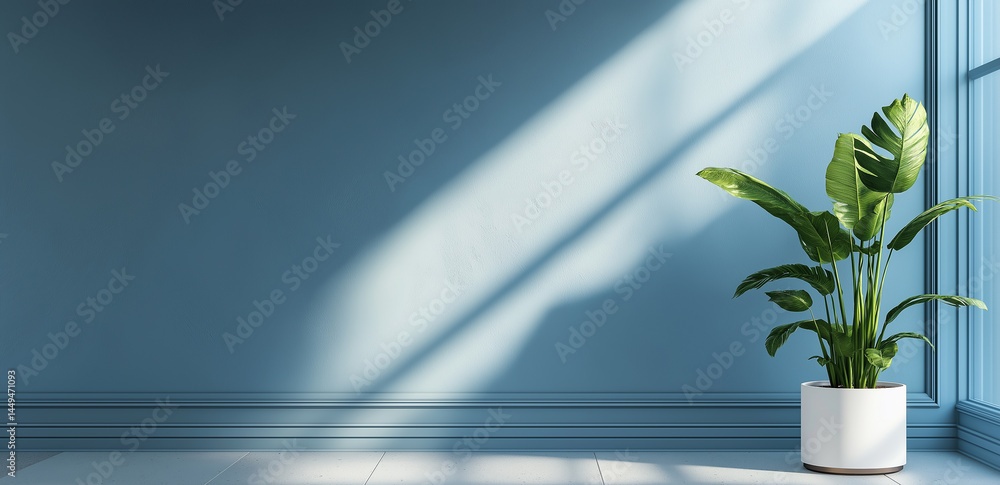 Poster sunlight filters through the window, casting on a blue wall with a potted plant, creating a simple a