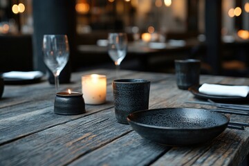 A candlelit restaurant table setting with dark ceramic dishes and glasses. Perfect for showcasing fine dining or cozy evening ambiance concept.