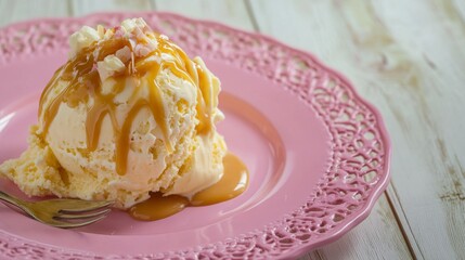 A Delectable Caramel Ice Cream Treat on a Pink Plate