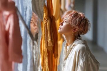 Contemplative Non-Binary Individual Gazing at Reflection Amidst Softly Lit Pastel Fabrics
