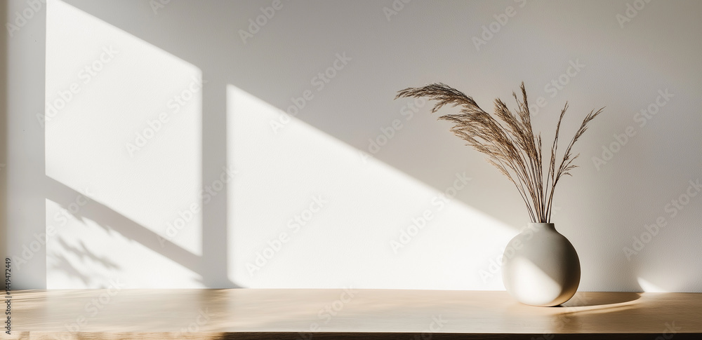 Poster sunlight filters through the window, casting a soft shadow on a white vase with dry grass, creating 