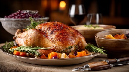 Roasted Thanksgiving turkey dinner with sides on rustic table.  Possible use Food photography for a recipe site, stock photo for a Thanksgiving greeting card