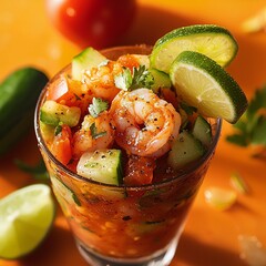 Glass filled with shrimp and vegetables for mexican shrimp cocktail served in a restaurant