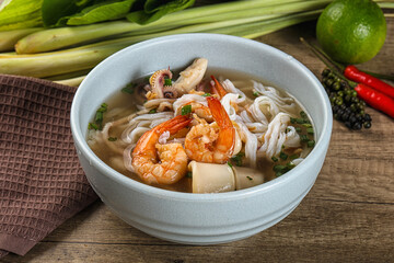 Vietnamese Pho Bo soup with seafood