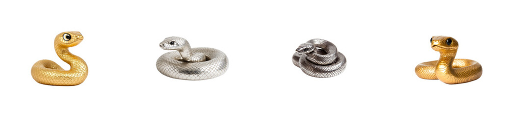 Shiny snake toys in gold, silver and black color palette, cut out transparent