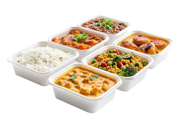 Indian Feast ToGo Curries Rice and Delights in White Containers on Black