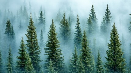 Fototapeta premium Mist shrouded forest with green pine trees