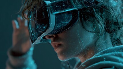 Person immersed in VR headset with network lines