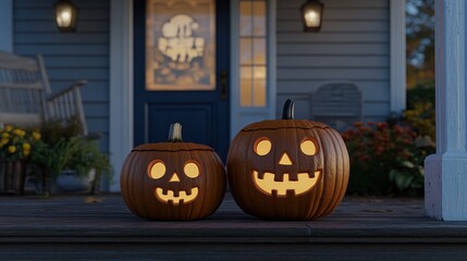 Obraz premium Halloween Jack-o'-lanterns on a porch at dusk
