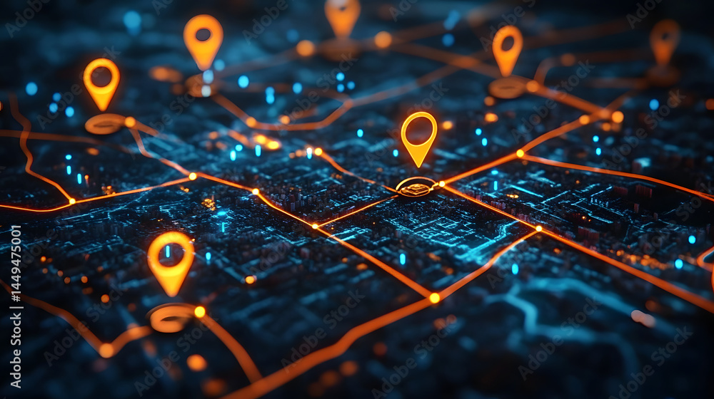 Wall mural conceptual image of a map with tracked assets marked by digital icons.
