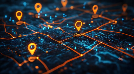 Conceptual image of a map with tracked assets marked by digital icons.