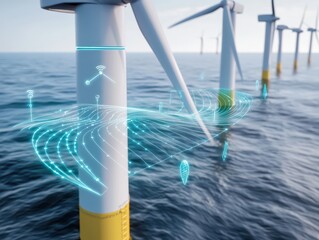 Futuristic coastal wind farm powered by ai technology overlooking the ocean gigapixel clarity innovative design