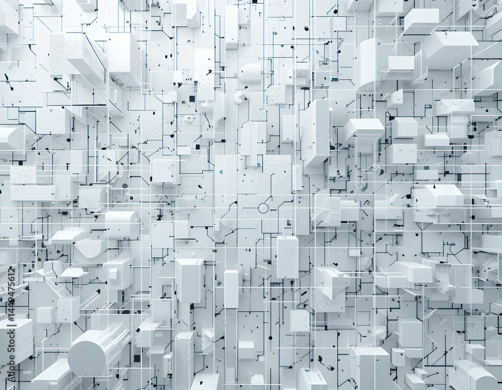 Poster abstract white geometric shapes with wireframe lines background