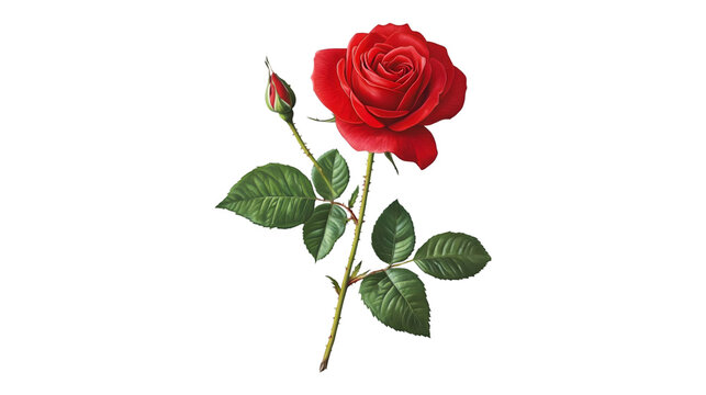 A single red rose with a bud on a black background botanical illustration flower art nature beauty romance elegance passion red rosebud green leaves thorns stem