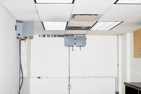 Strange empty retail office space in Chicago lit by flash