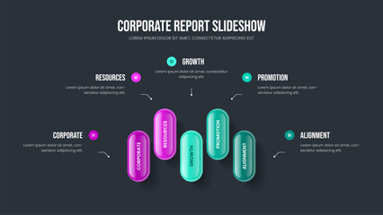 Company Briefing Presentation Template Vector Illustration. Market Report Five Step Infographic Frame Layout. Modern Analysis 5 Element Diagram Slide Design.