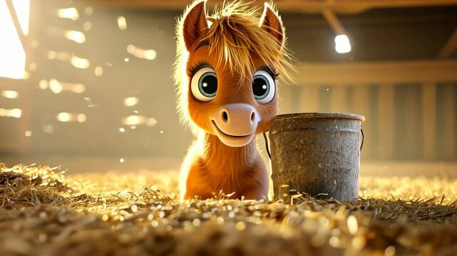 Charming animated horse in a barn. Adorable big eyes and shaggy mane. Bucket nearby, with hay covering the floor