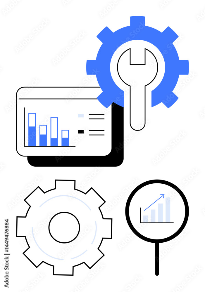 Poster bar chart on digital screen, magnifying glass with upward graph, gears symbolizing tools and optimiz