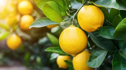 Ripe lemons on branches, vibrant yellow citrus fruits