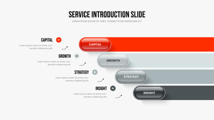 Market Review Frame Design Vector Illustration. Investor Campaign Four Step Diagram Slide Template. Visual Planning 4 Element Infographic Slideshow Layout.