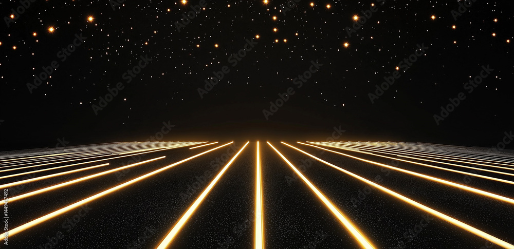 Poster in the darkness, rows of warm lights extend into the distance, creating a mysterious and cozy atmosp