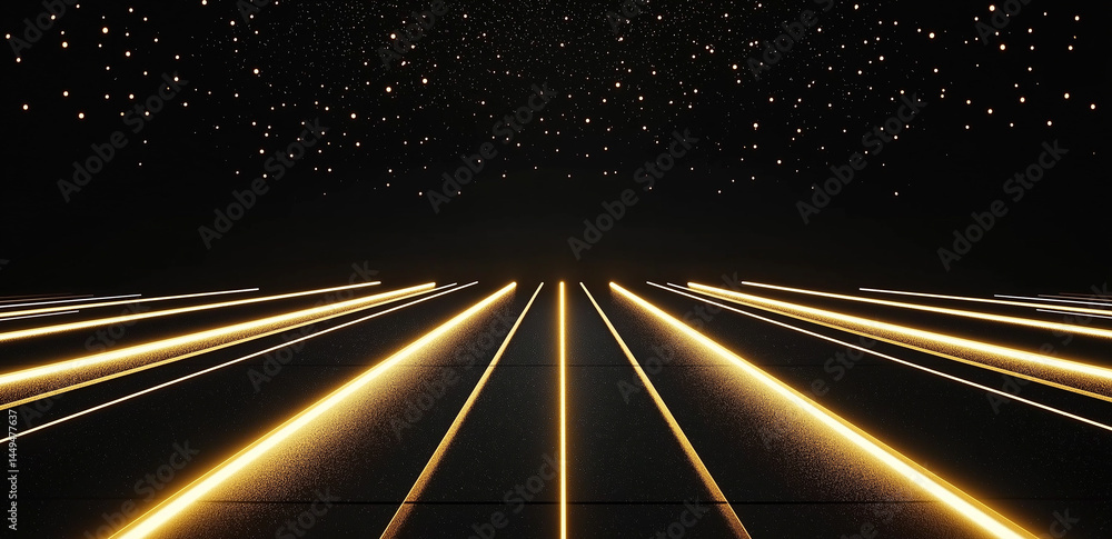 Poster in the darkness, rows of warm lights extend into the distance, creating a mysterious and cozy atmosp