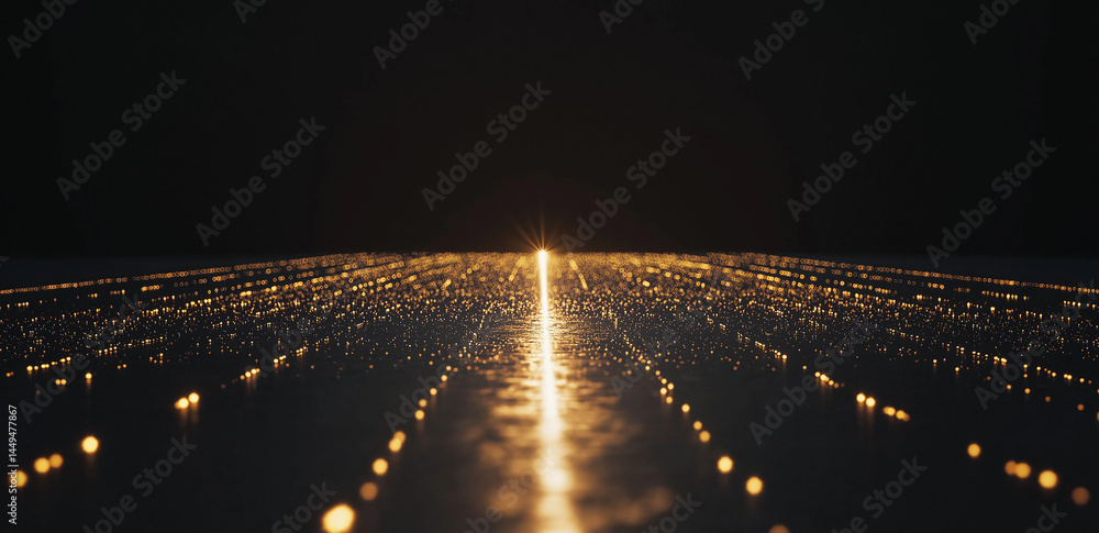 Aufkleber in the darkness, rows of warm lights extend into the distance, creating a mysterious and cozy atmosp