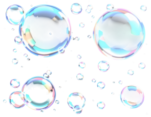 Colorful iridescent soap bubbles against a Transparent background.