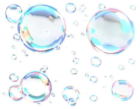 Colorful iridescent soap bubbles against a Transparent background.