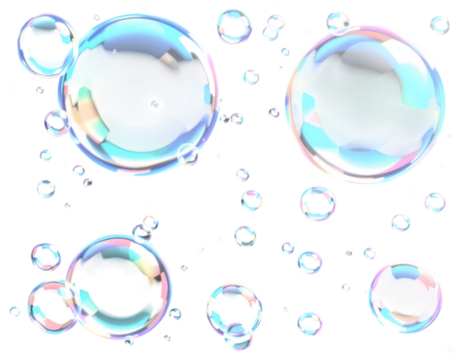 Colorful iridescent soap bubbles against a Transparent background.